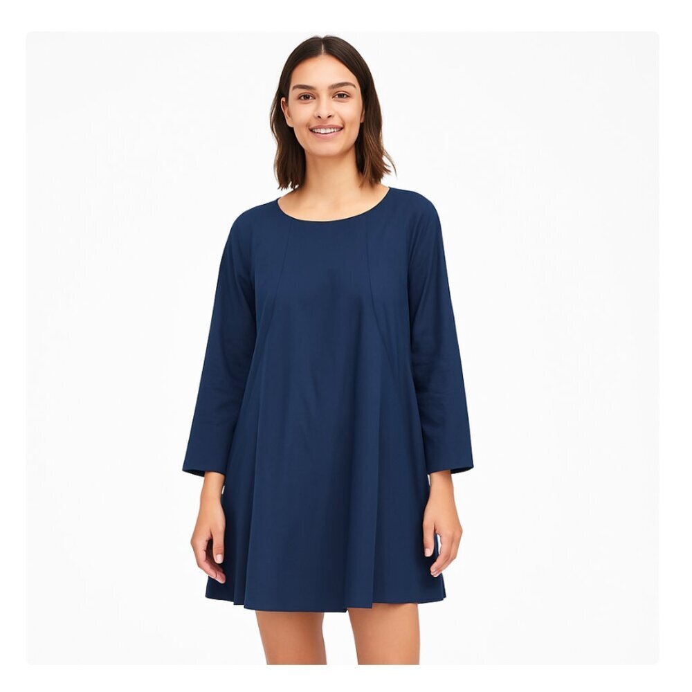 Halston Heritage Dress Womens Large Blue Dk Ink Tunic Silk Blend Long Sleeve New